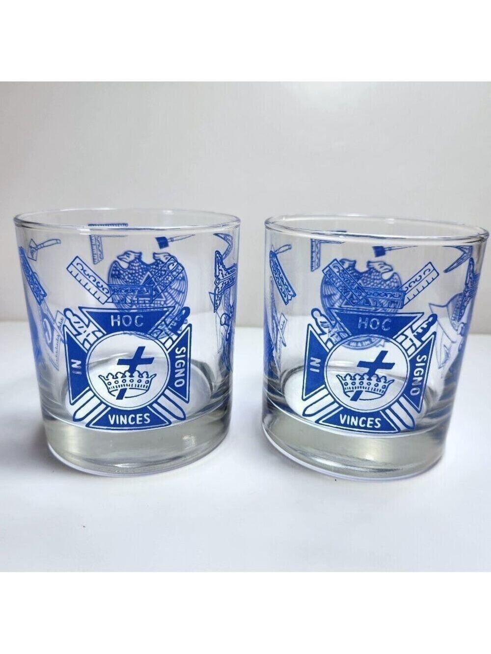 Freemason Rock Glasses Set of 2 Mason Emblems Calipers Squares 32nd Degree
